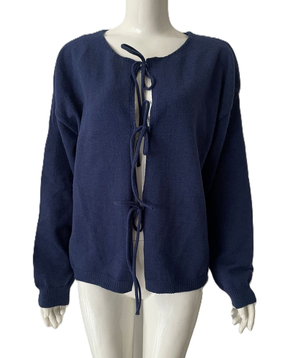 Open Front Cardigan with Ribbon Ties - NavyBlue