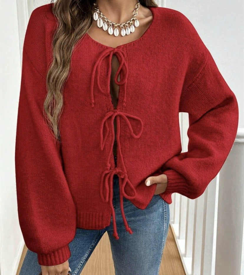 Open Front Cardigan with Ribbon Ties - Red