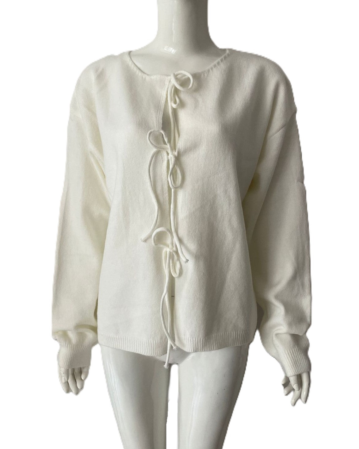 Open Front Cardigan with Ribbon Ties - White