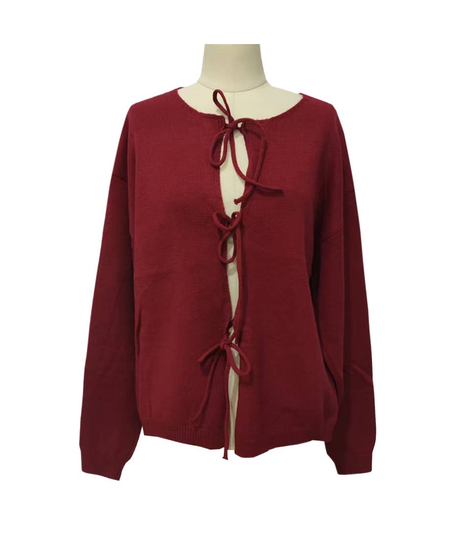 Open Front Cardigan with Ribbon Ties