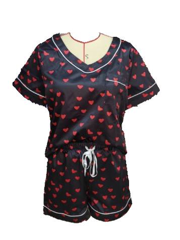 Heart Print Satin Short Pajama Set - black - 1