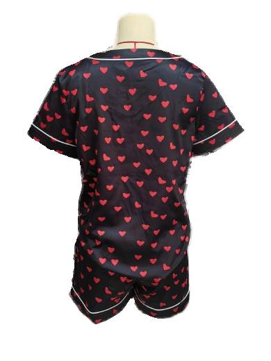 Heart Print Satin Short Pajama Set - black - 2