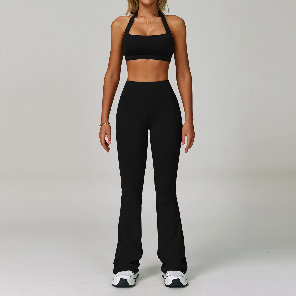 Halter Neck Sports Bra High Waist Workout Set - Black Square Bra & Flare