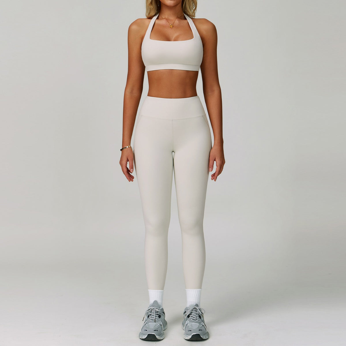 Halter Neck Sports Bra High Waist Workout Set - Cream Square Bra & Leggings