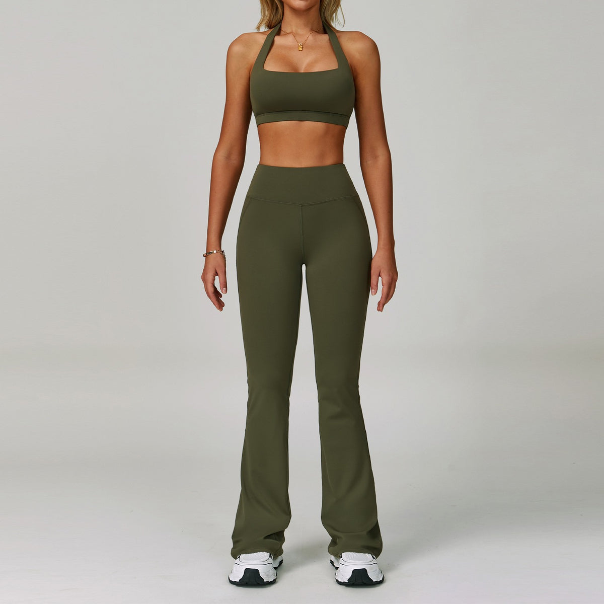 Halter Neck Sports Bra High Waist Workout Set - Olive Square Bra & Flare