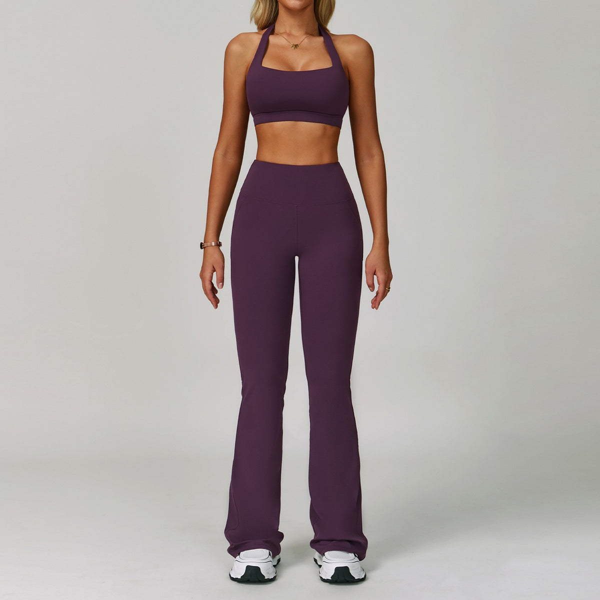 Halter Neck Sports Bra High Waist Workout Set - Plum Square Bra & Flare