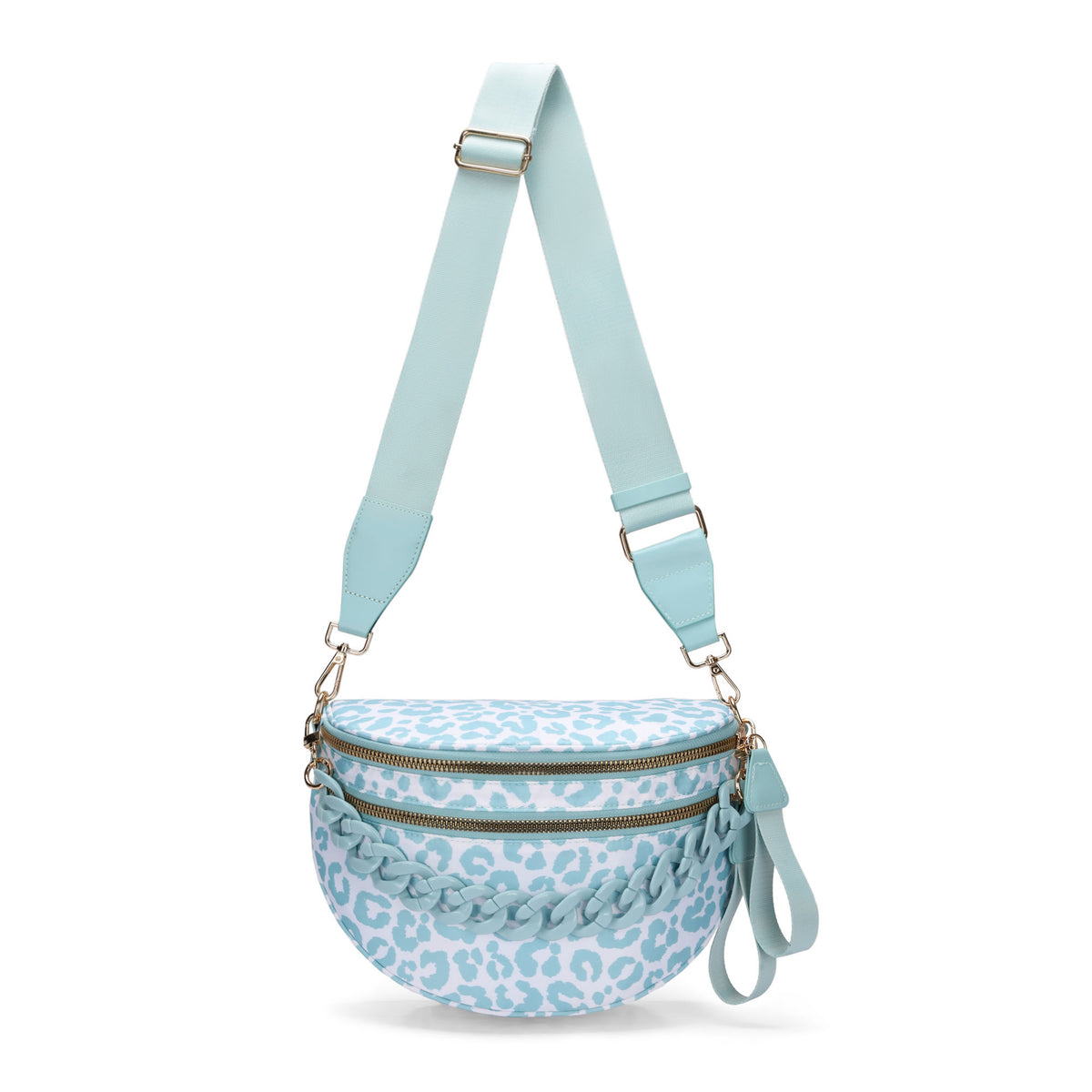 Leopard Sling Bag with Chain Strap Accent - Blue