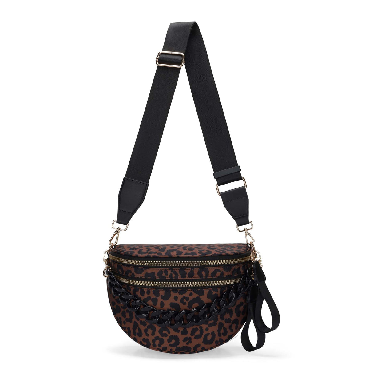Leopard Sling Bag with Chain Strap Accent - Brown