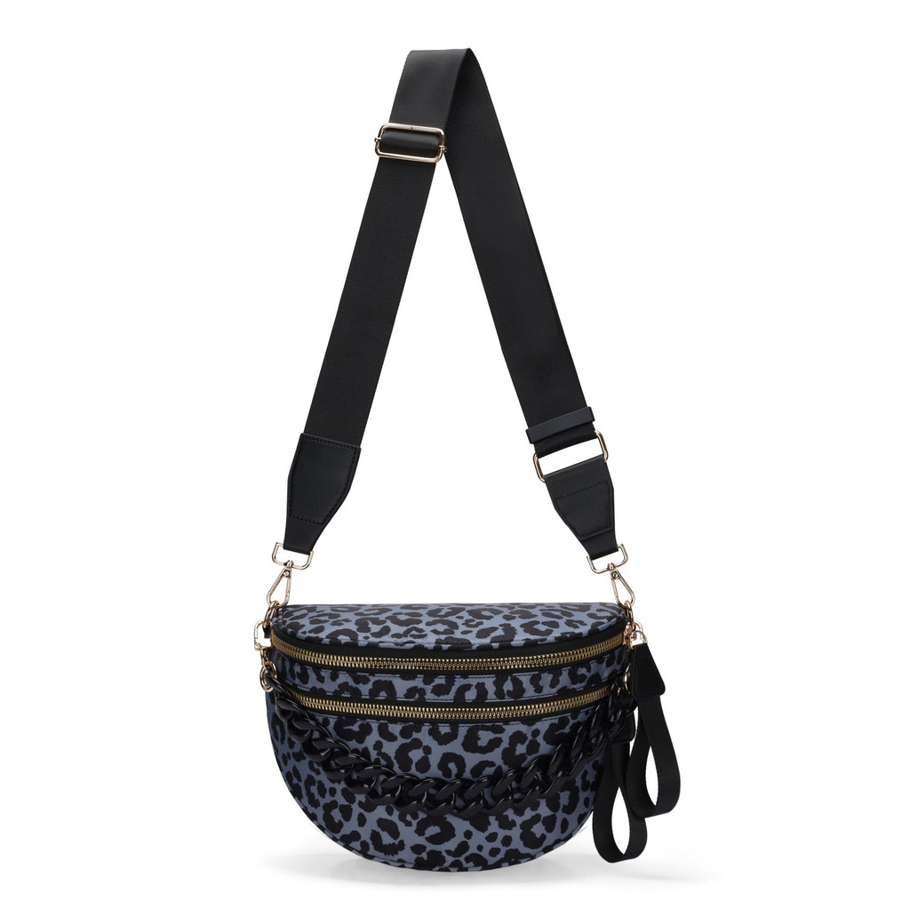 Leopard Sling Bag with Chain Strap Accent - Gray
