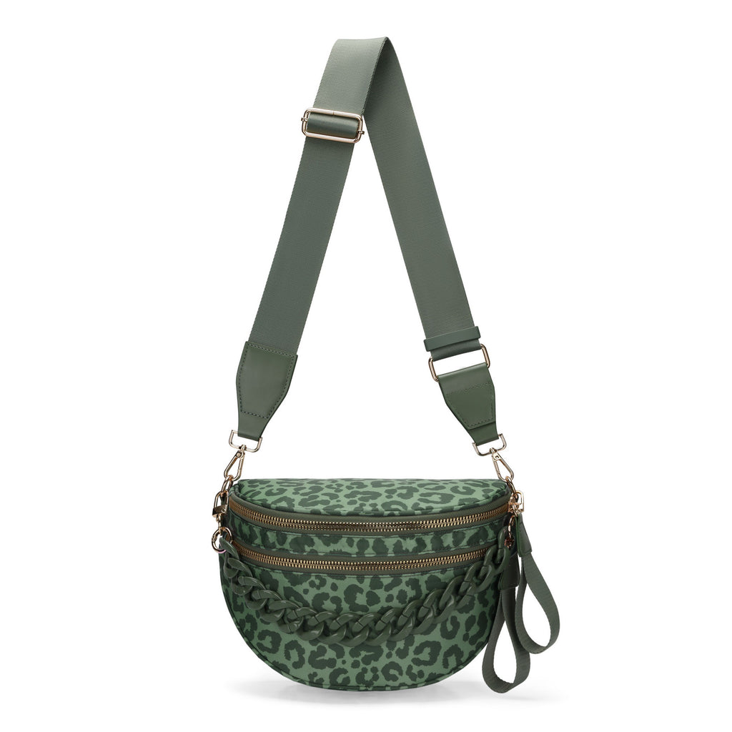 Leopard Sling Bag with Chain Strap Accent - Green