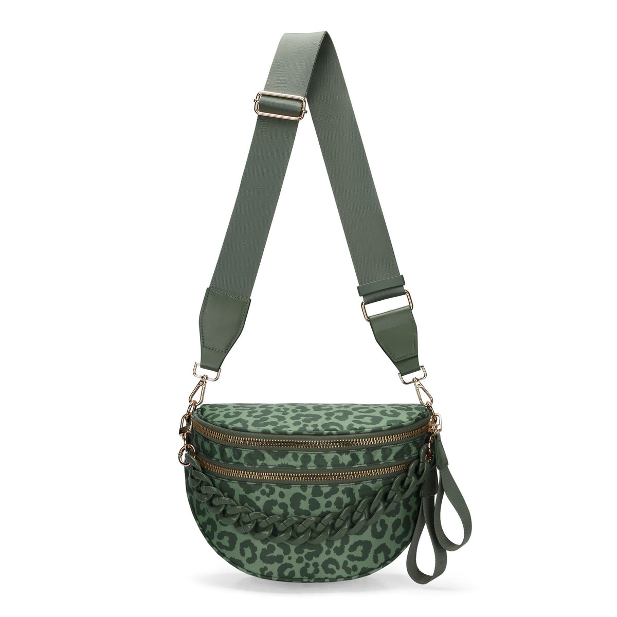 Leopard Sling Bag with Chain Strap Accent - Green