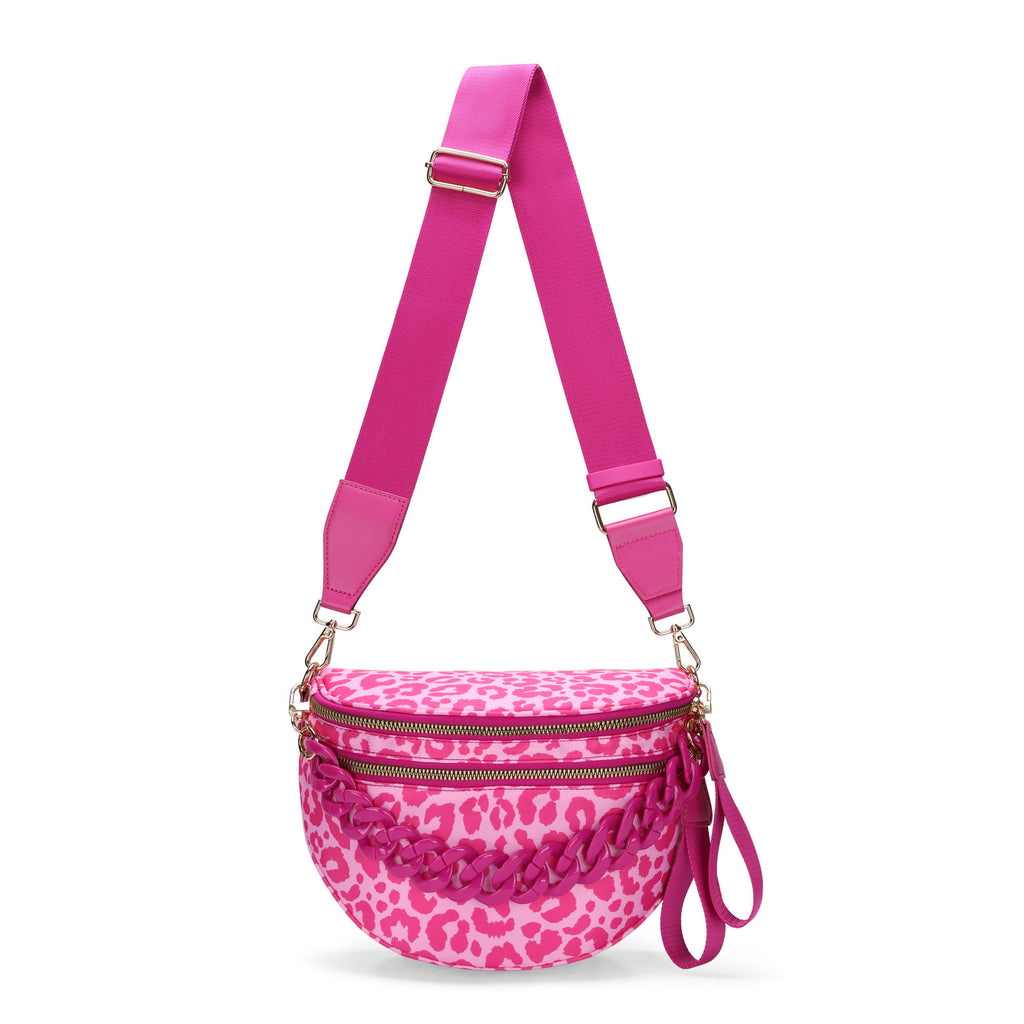 Leopard Sling Bag with Chain Strap Accent - Rose_red