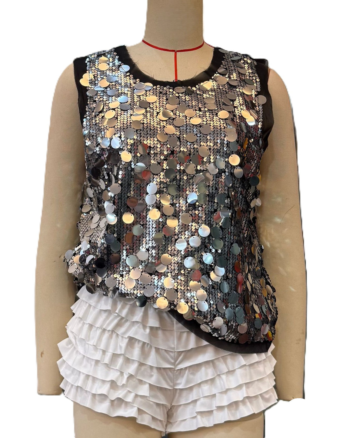 Sequin Embellished Sleeveless Party Tank Top - Silvery
