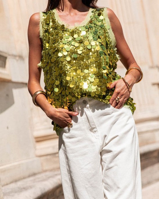 Sequin Embellished Sleeveless Party Tank Top - Yellow