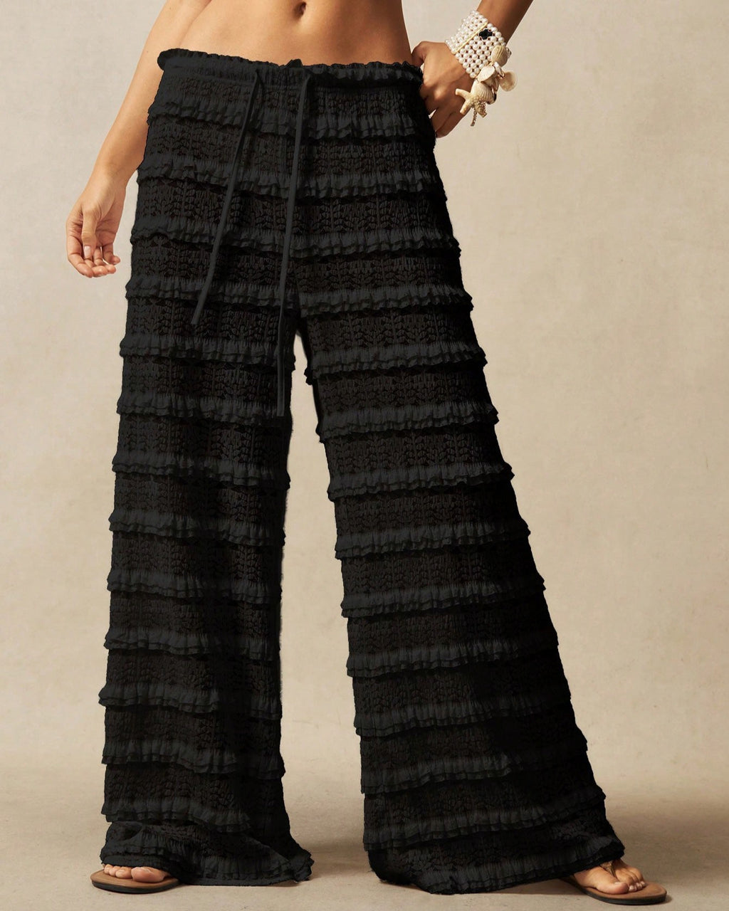 Tiered Ruffle Wide Leg Beach Pants - Black