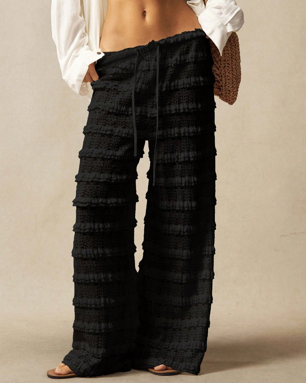 Tiered Ruffle Wide Leg Beach Pants - Black - 1