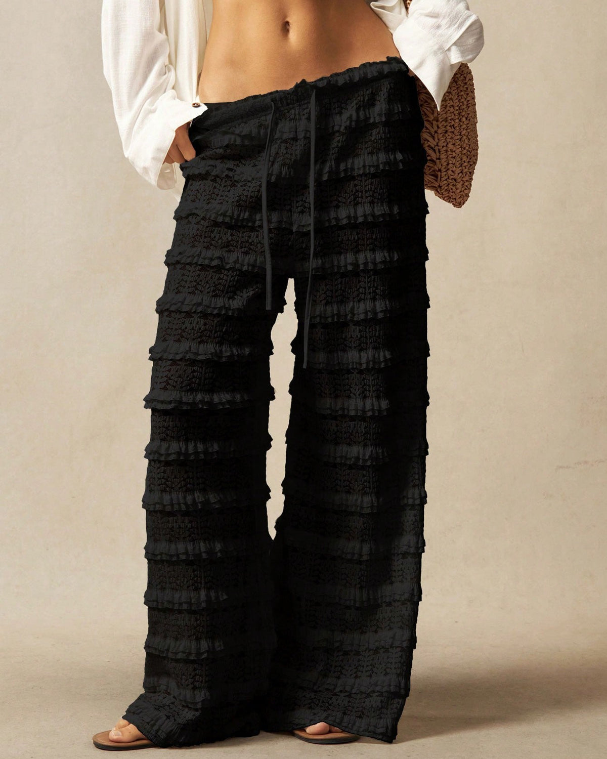 Tiered Ruffle Wide Leg Beach Pants - Black - 1