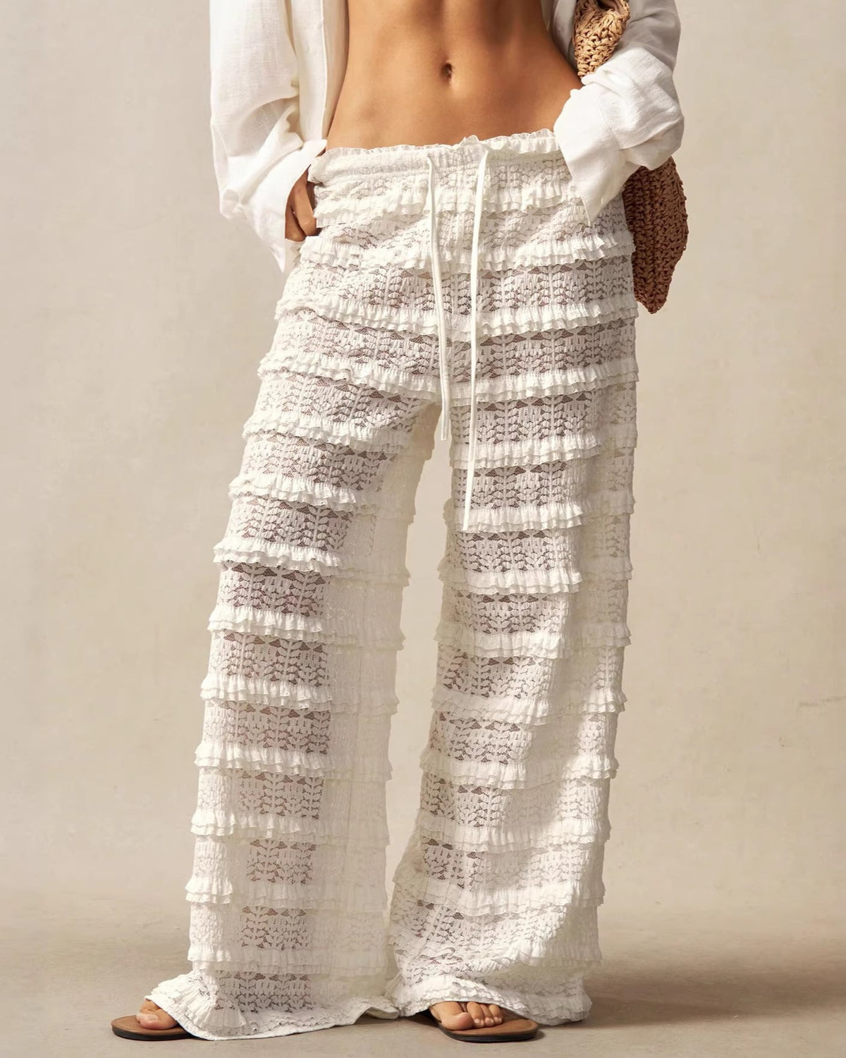 Tiered Ruffle Wide Leg Beach Pants - White