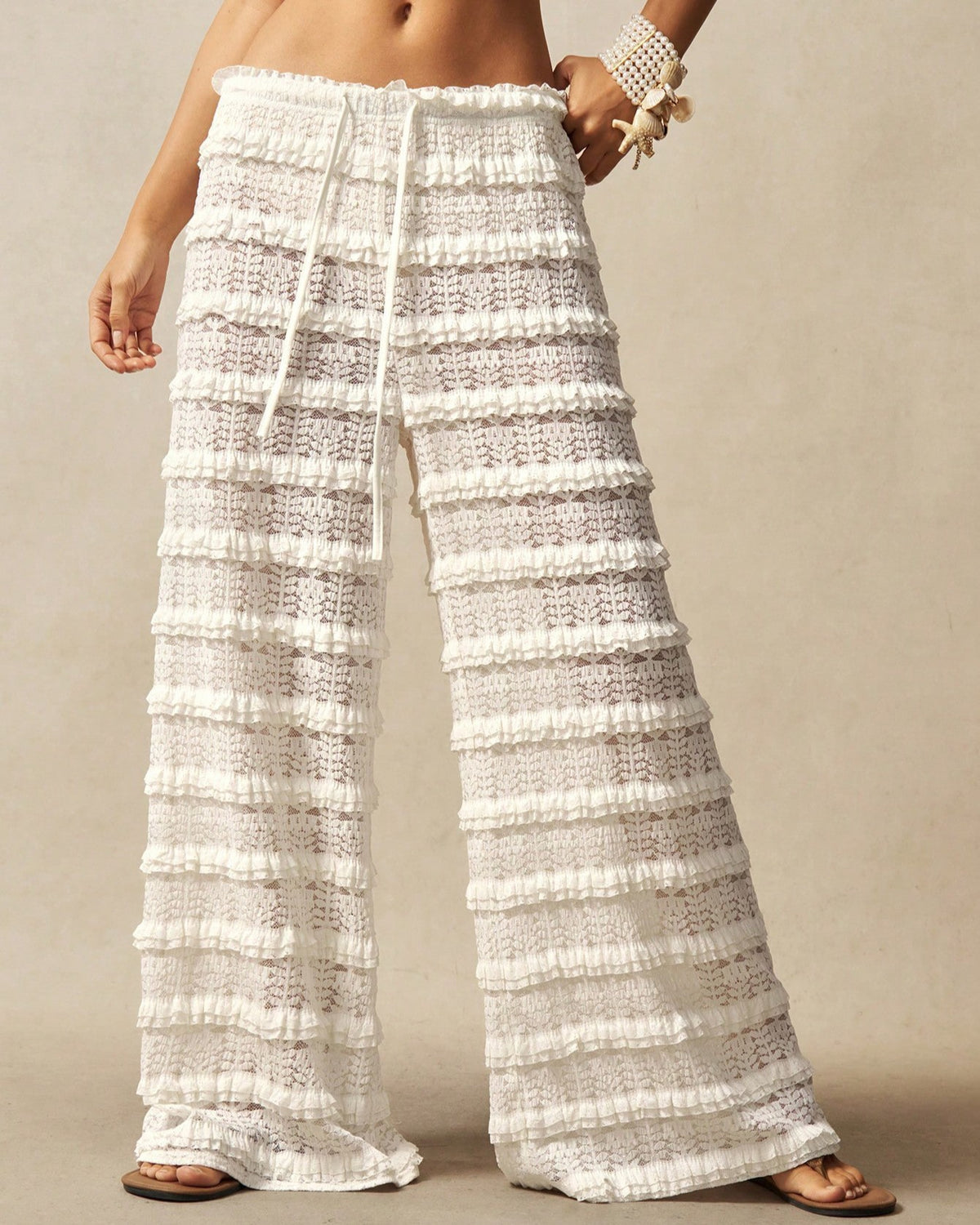 Tiered Ruffle Wide Leg Beach Pants - White - 1