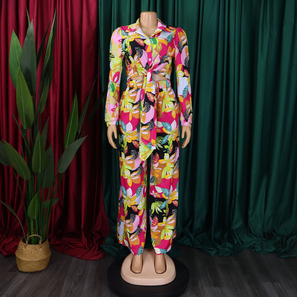 Tropical Leaf Print Two Piece Trouser Set - Green