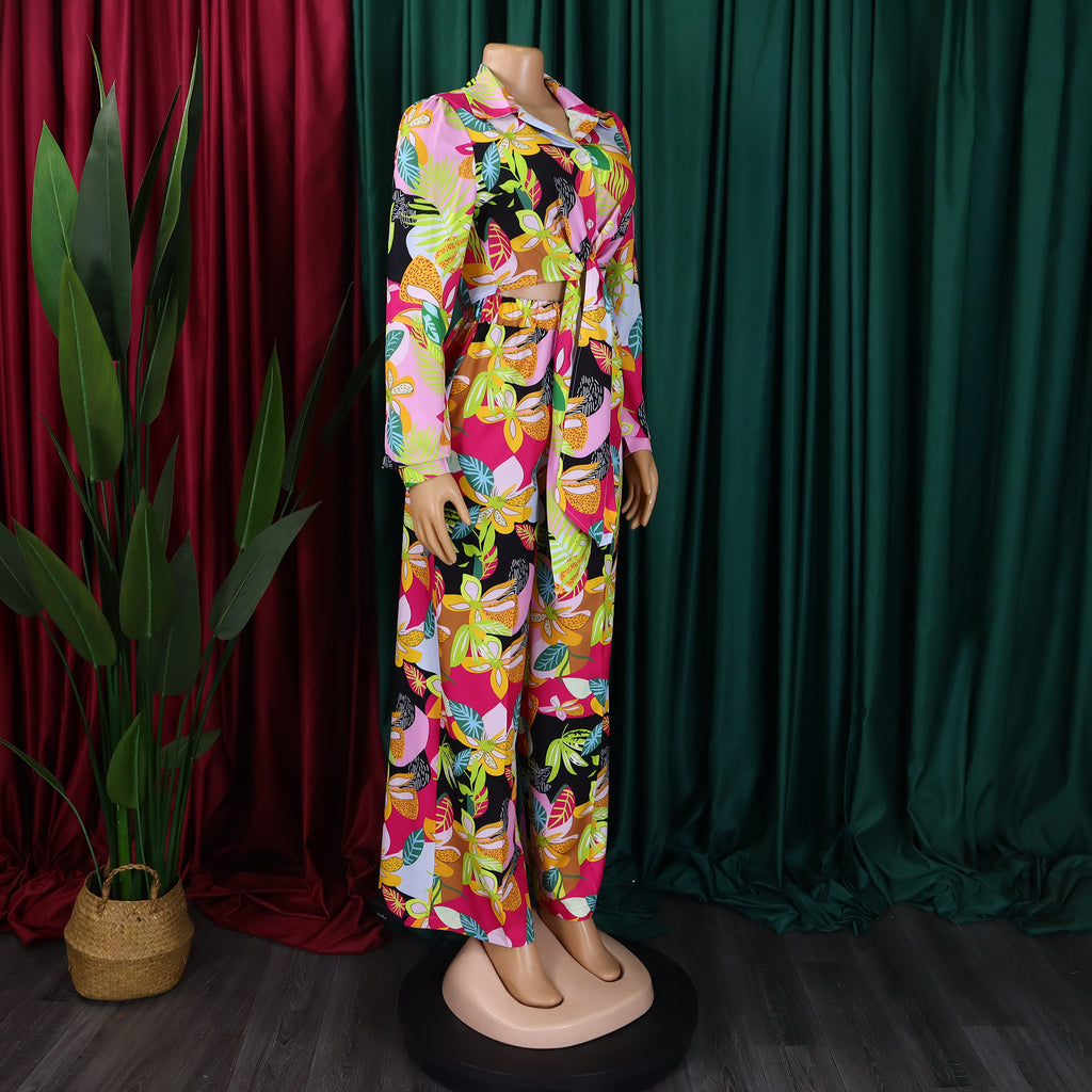 Tropical Leaf Print Two Piece Trouser Set - Green - 1