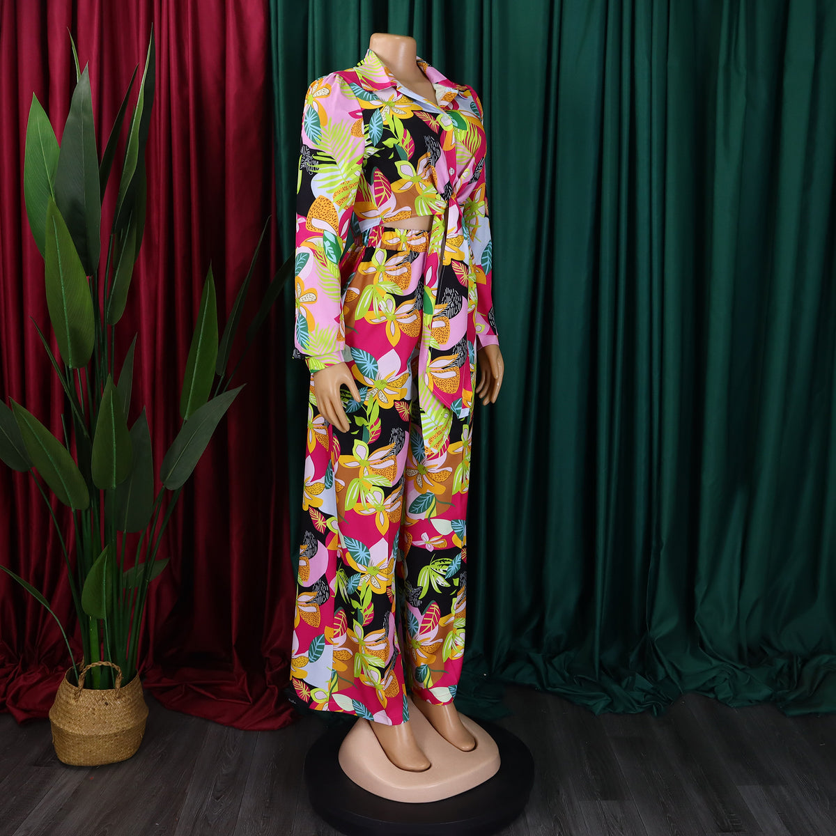 Tropical Leaf Print Two Piece Trouser Set - Green - 1