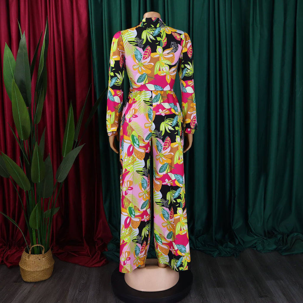 Tropical Leaf Print Two Piece Trouser Set - Green - 2