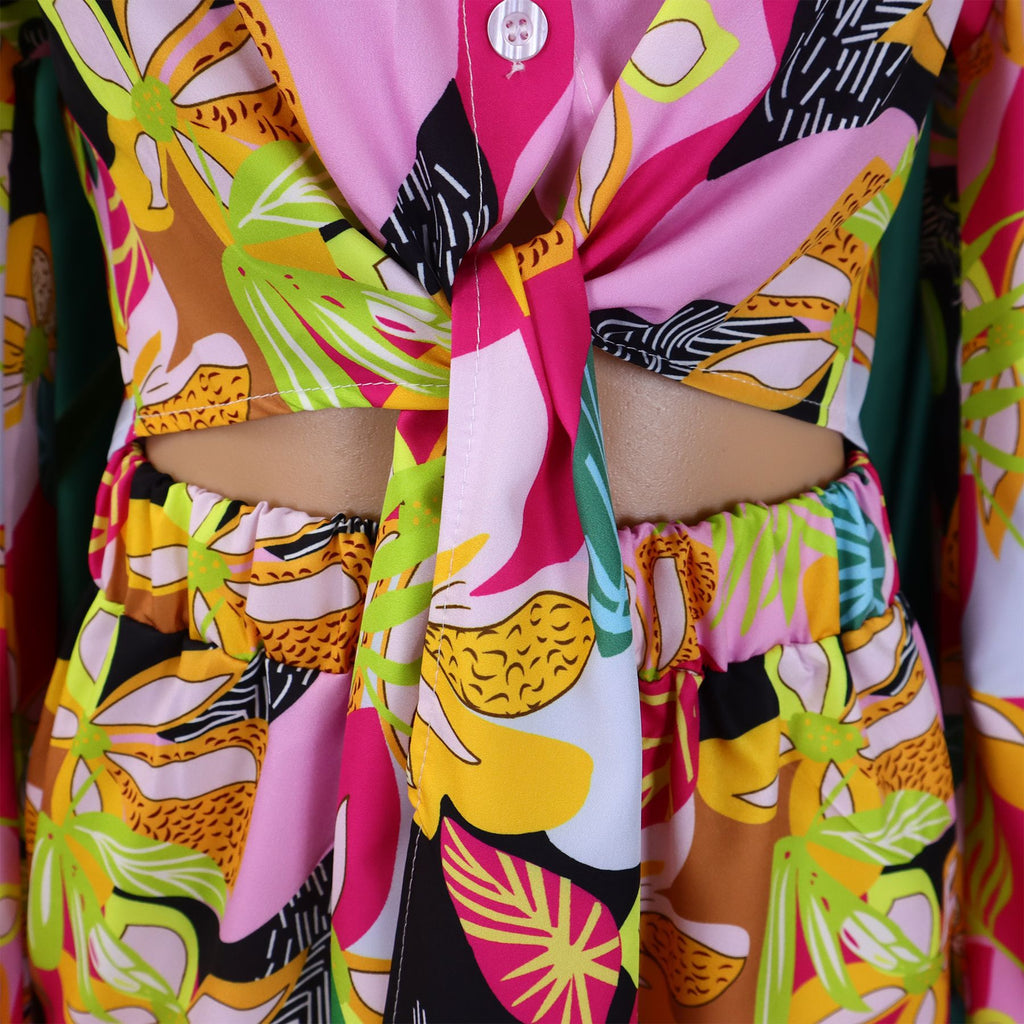 Tropical Leaf Print Two Piece Trouser Set - Green - 7