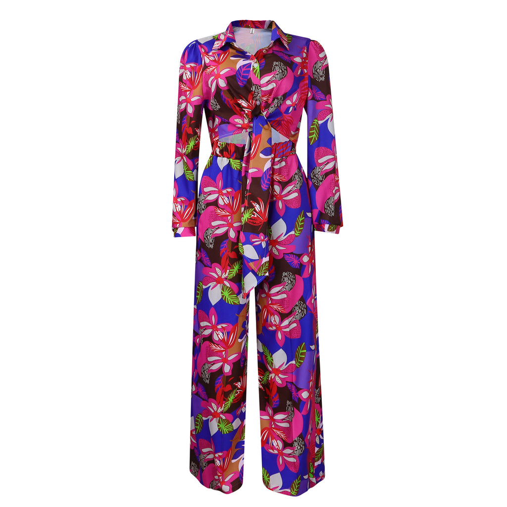 Tropical Leaf Print Two Piece Trouser Set - Purple