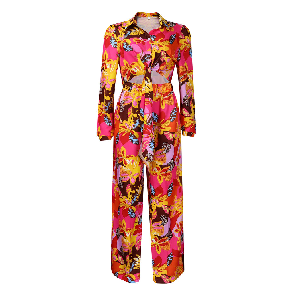 Tropical Leaf Print Two Piece Trouser Set - Yellow