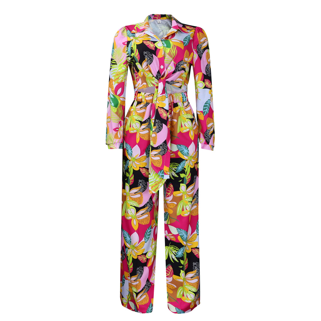 Tropical Leaf Print Two Piece Trouser Set