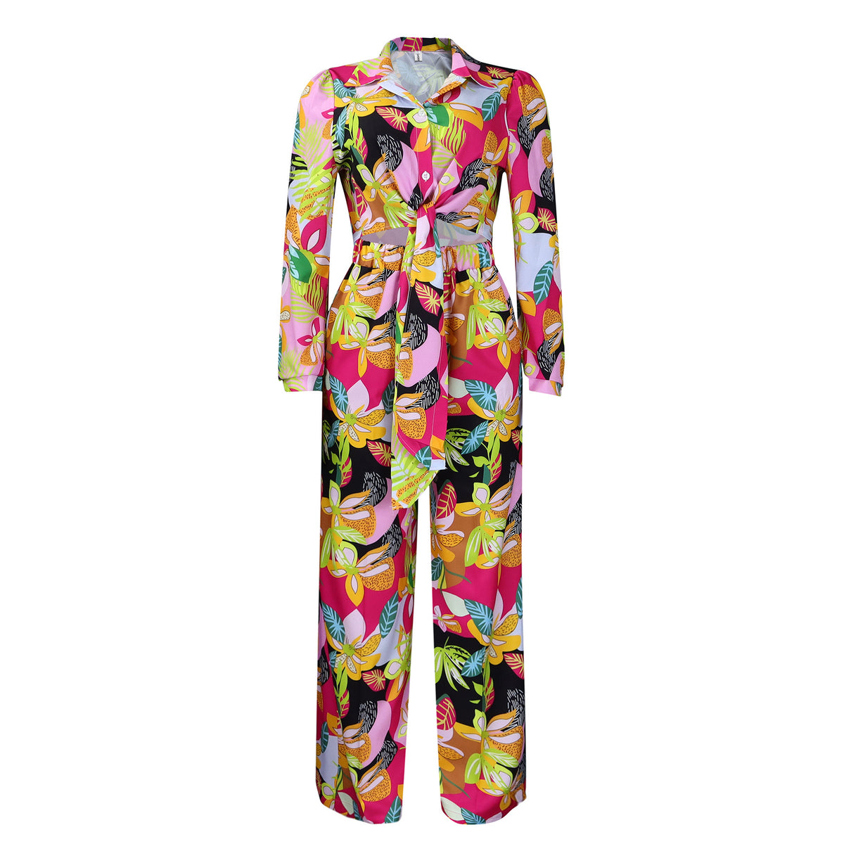 Tropical Leaf Print Two Piece Trouser Set