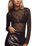 Sheer Mesh Bow Mock Neck Top - Black
