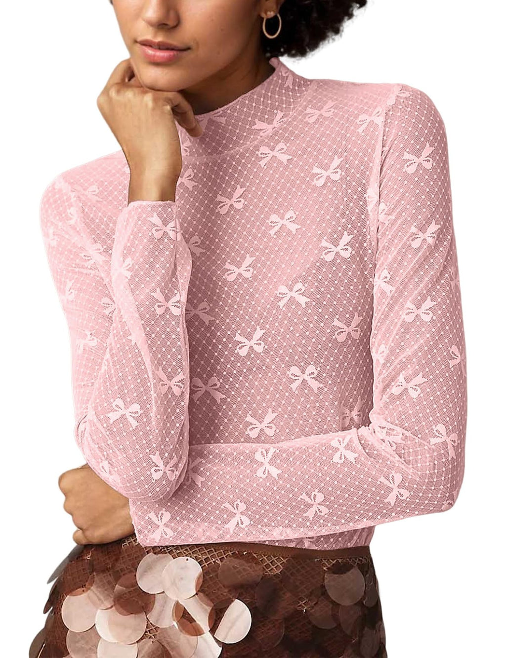 Sheer Mesh Bow Mock Neck Top - Pink