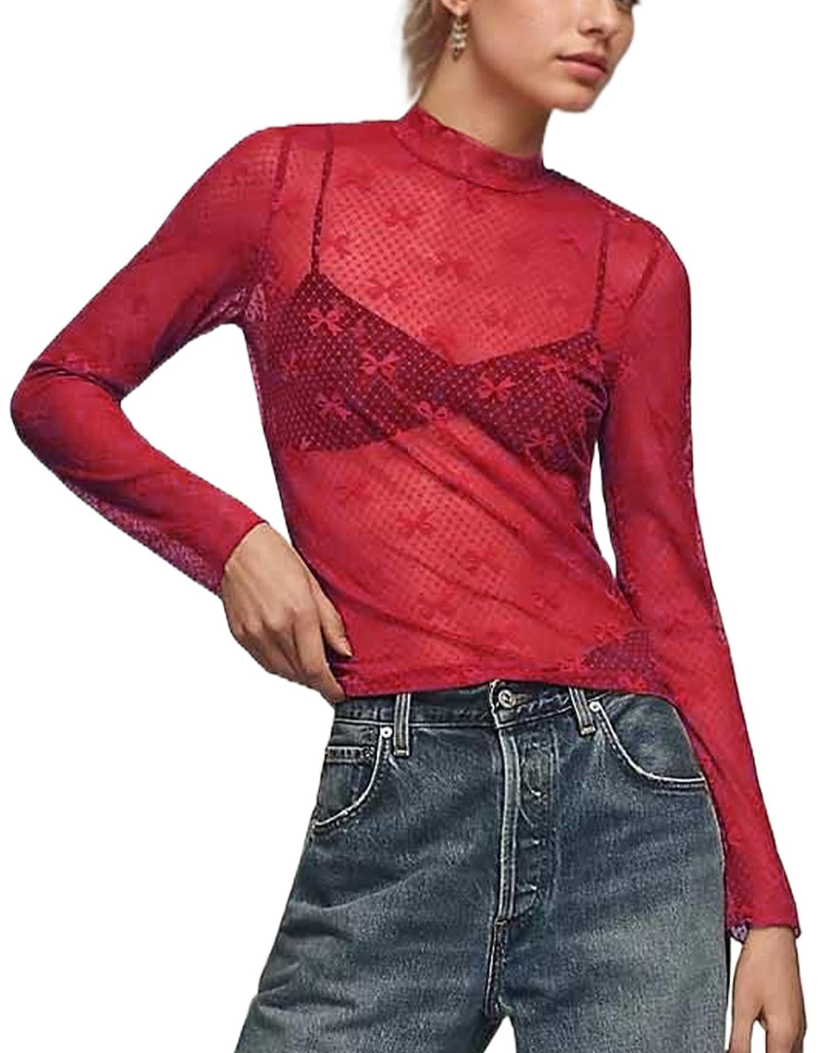 Sheer Mesh Bow Mock Neck Top - Red