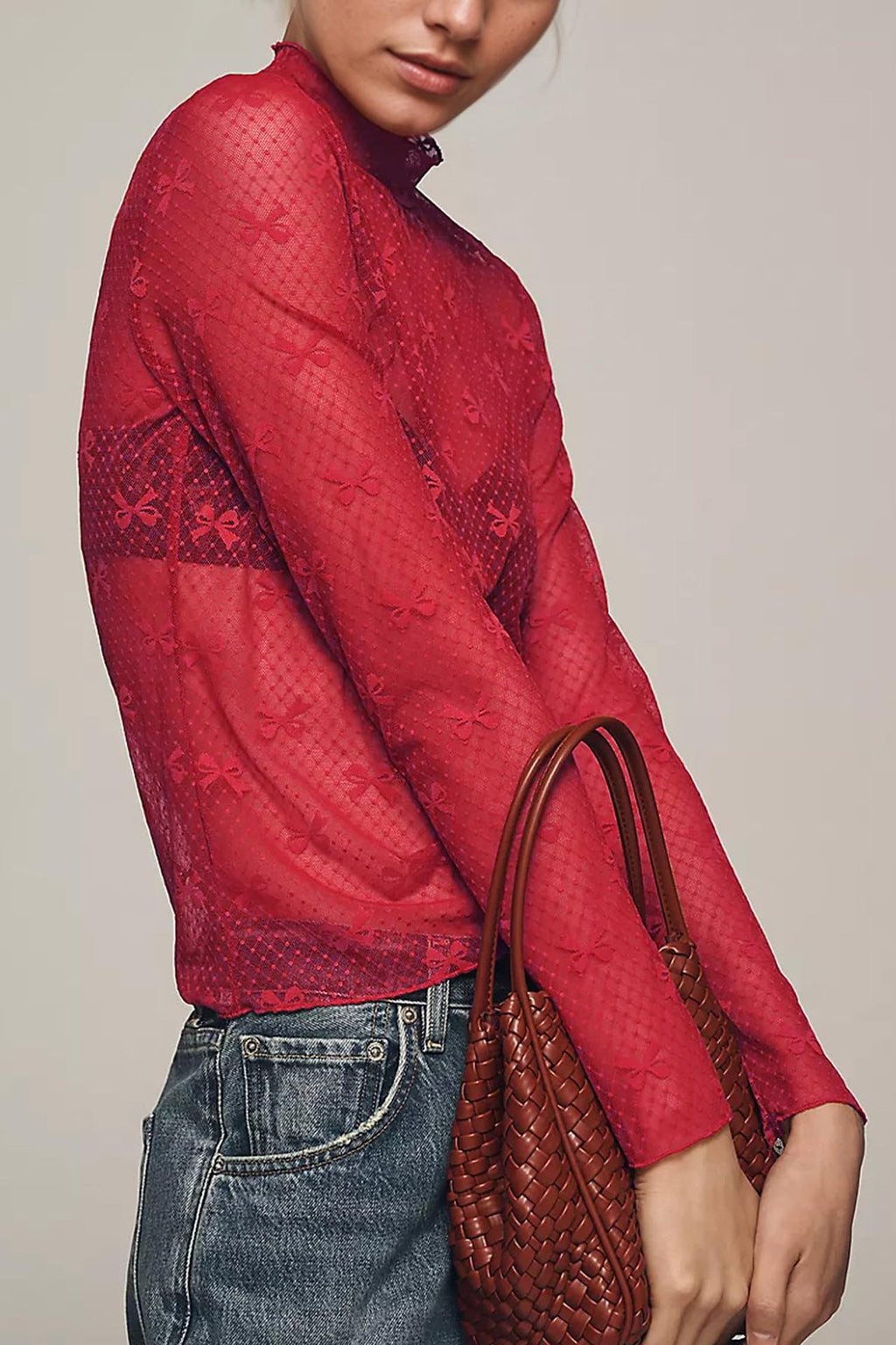 Sheer Mesh Bow Mock Neck Top - Red - 1