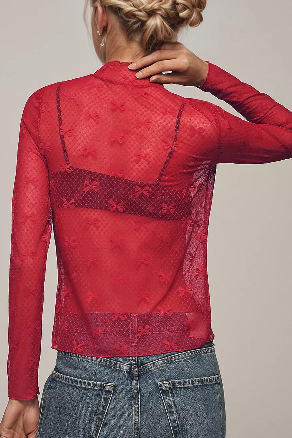 Sheer Mesh Bow Mock Neck Top - Red - 2