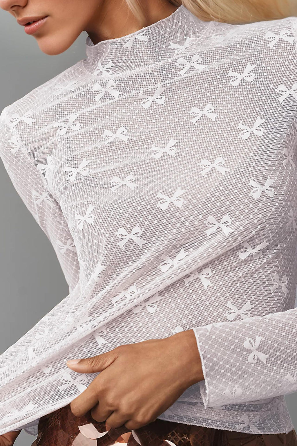 Sheer Mesh Bow Mock Neck Top - White
