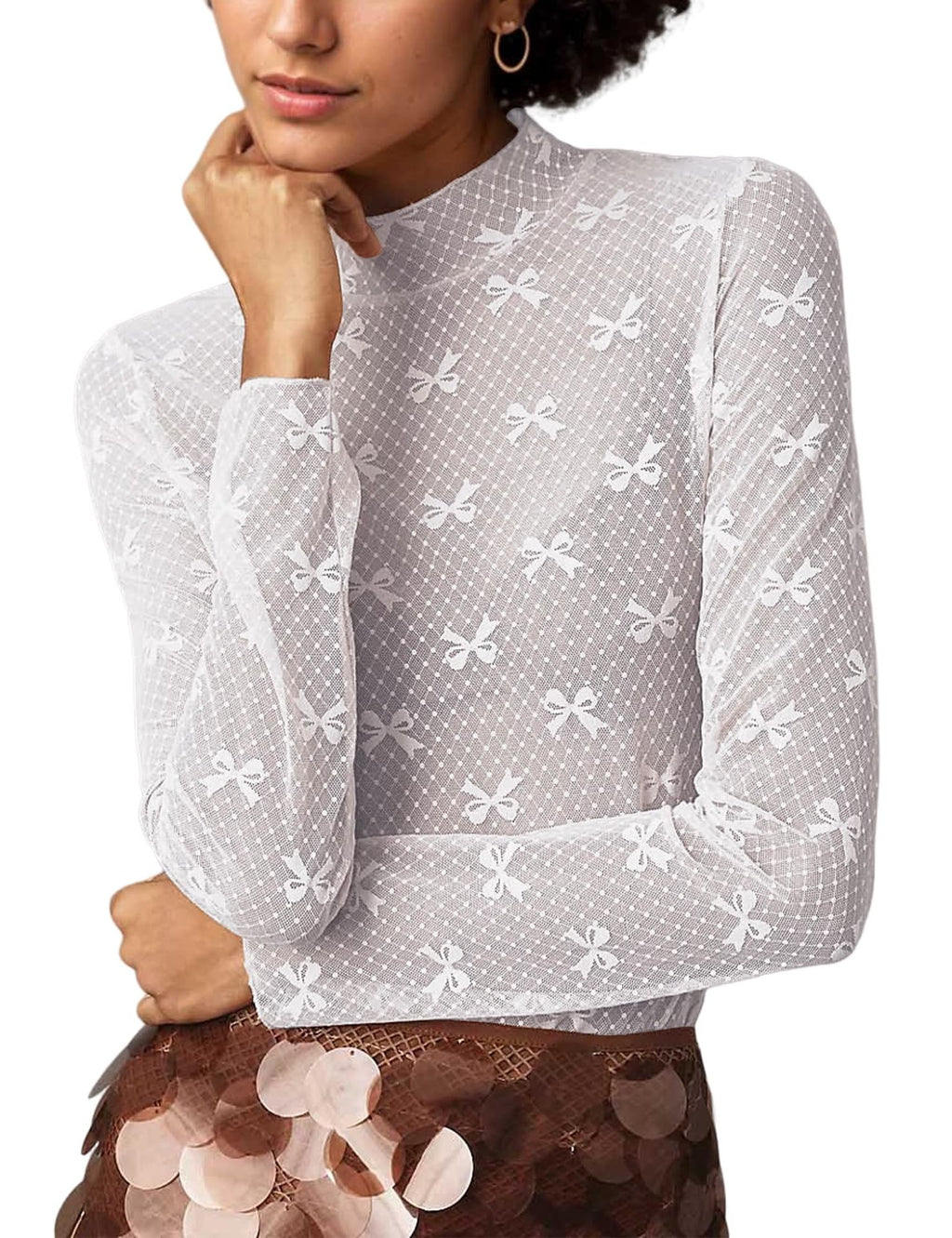 Sheer Mesh Bow Mock Neck Top - White - 1