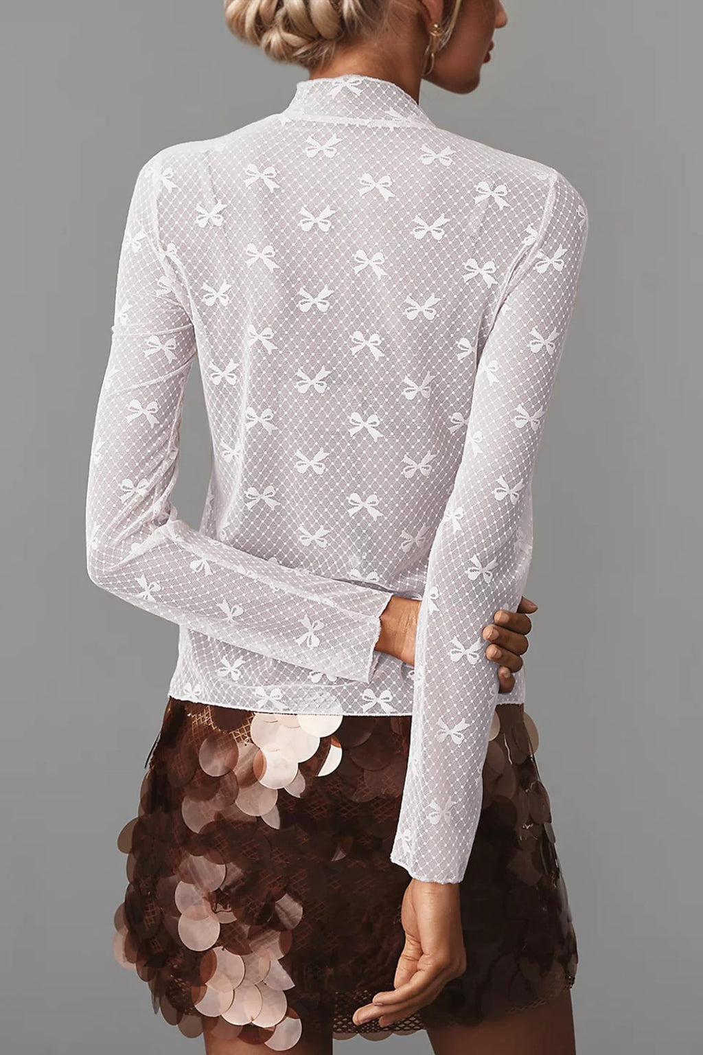 Sheer Mesh Bow Mock Neck Top - White - 2