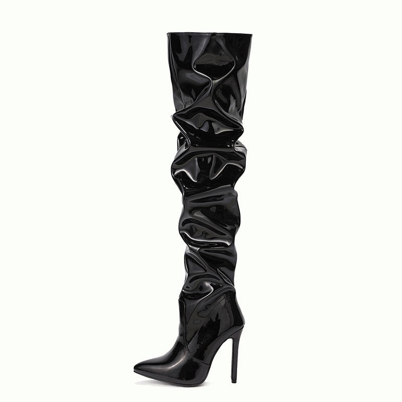 Slouchy Patent Over The Knee Stiletto Boots - Black