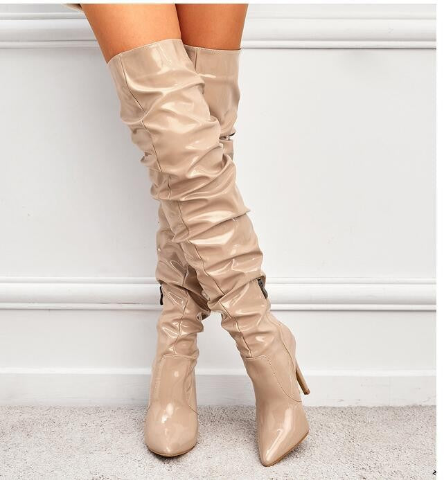 Slouchy Patent Over The Knee Stiletto Boots - Nude