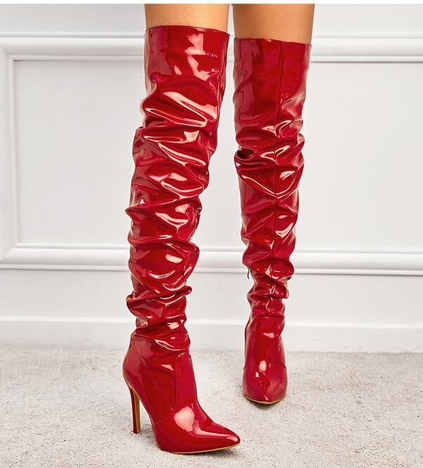 Slouchy Patent Over The Knee Stiletto Boots - Red