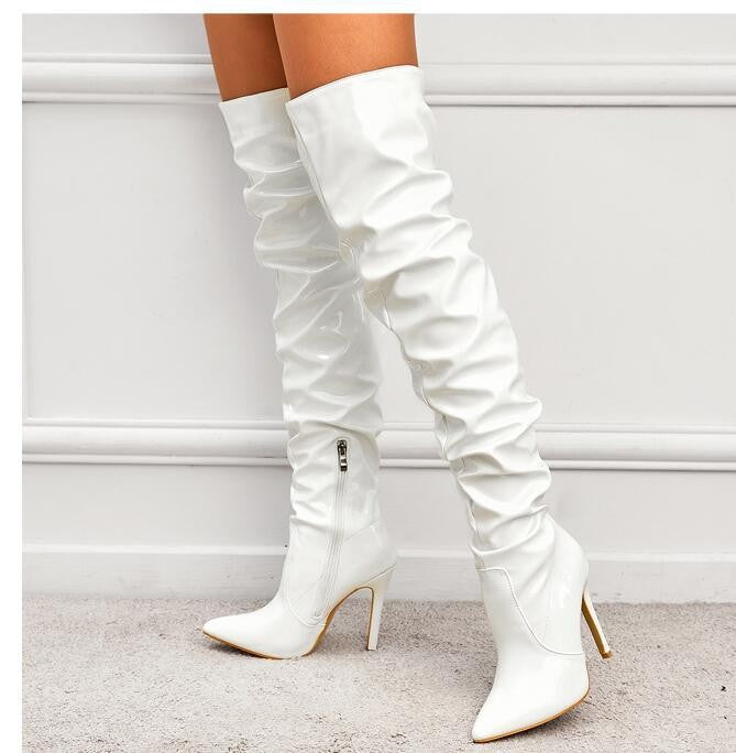Slouchy Patent Over The Knee Stiletto Boots - White