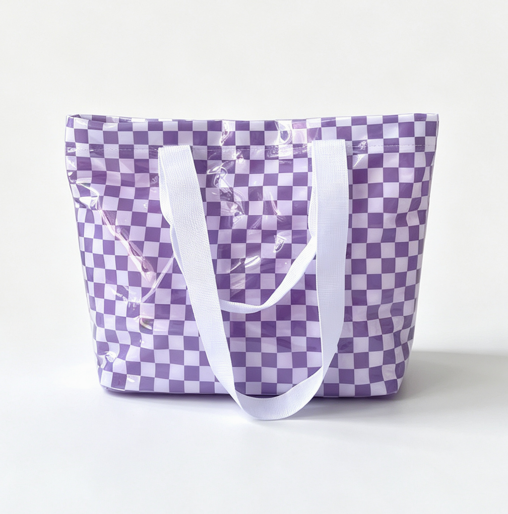 Checkerboard and Stripe PVC Beach Tote Bag - CPurple