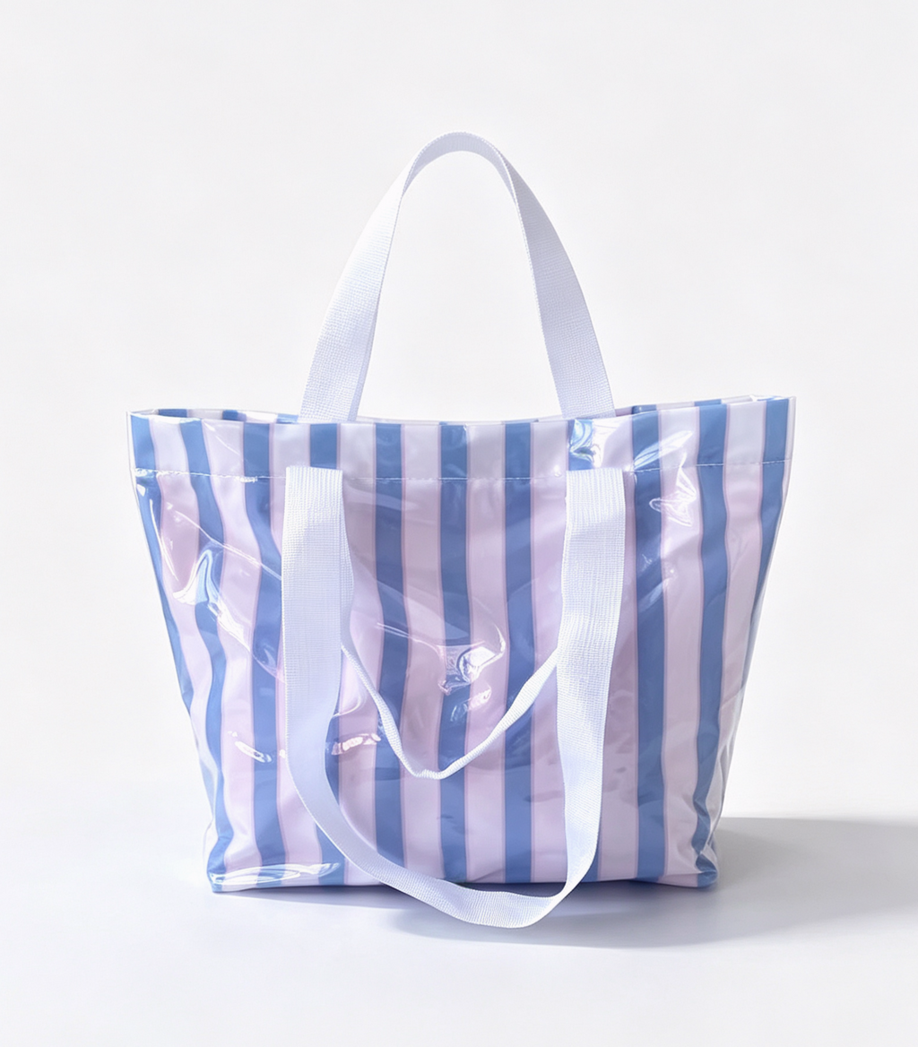 Checkerboard and Stripe PVC Beach Tote Bag - PBlue