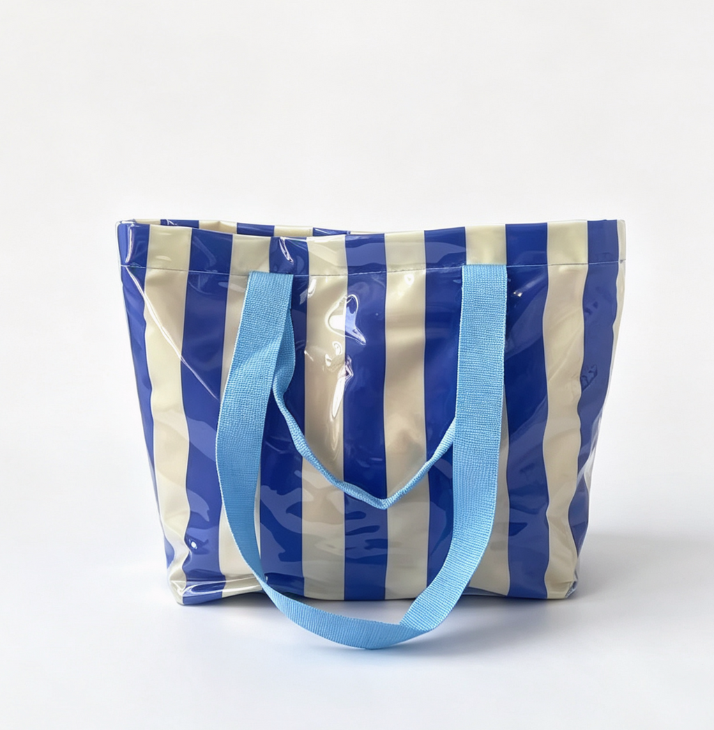 Checkerboard and Stripe PVC Beach Tote Bag - YBlue