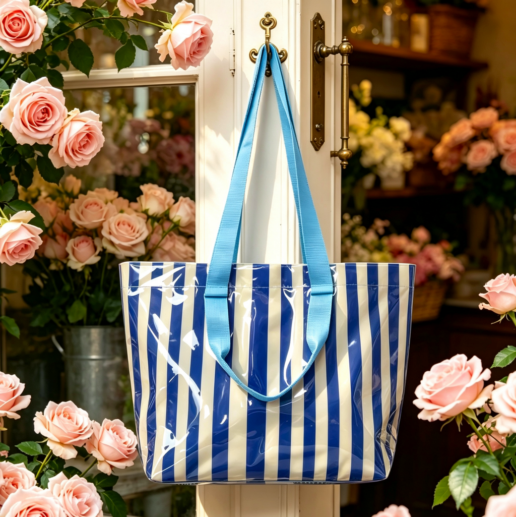 Checkerboard and Stripe PVC Beach Tote Bag - YBlue - 1