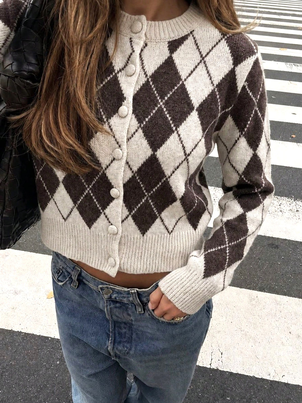 Argyle Knit Crew Neck Cropped Button Cardigan - Diamond