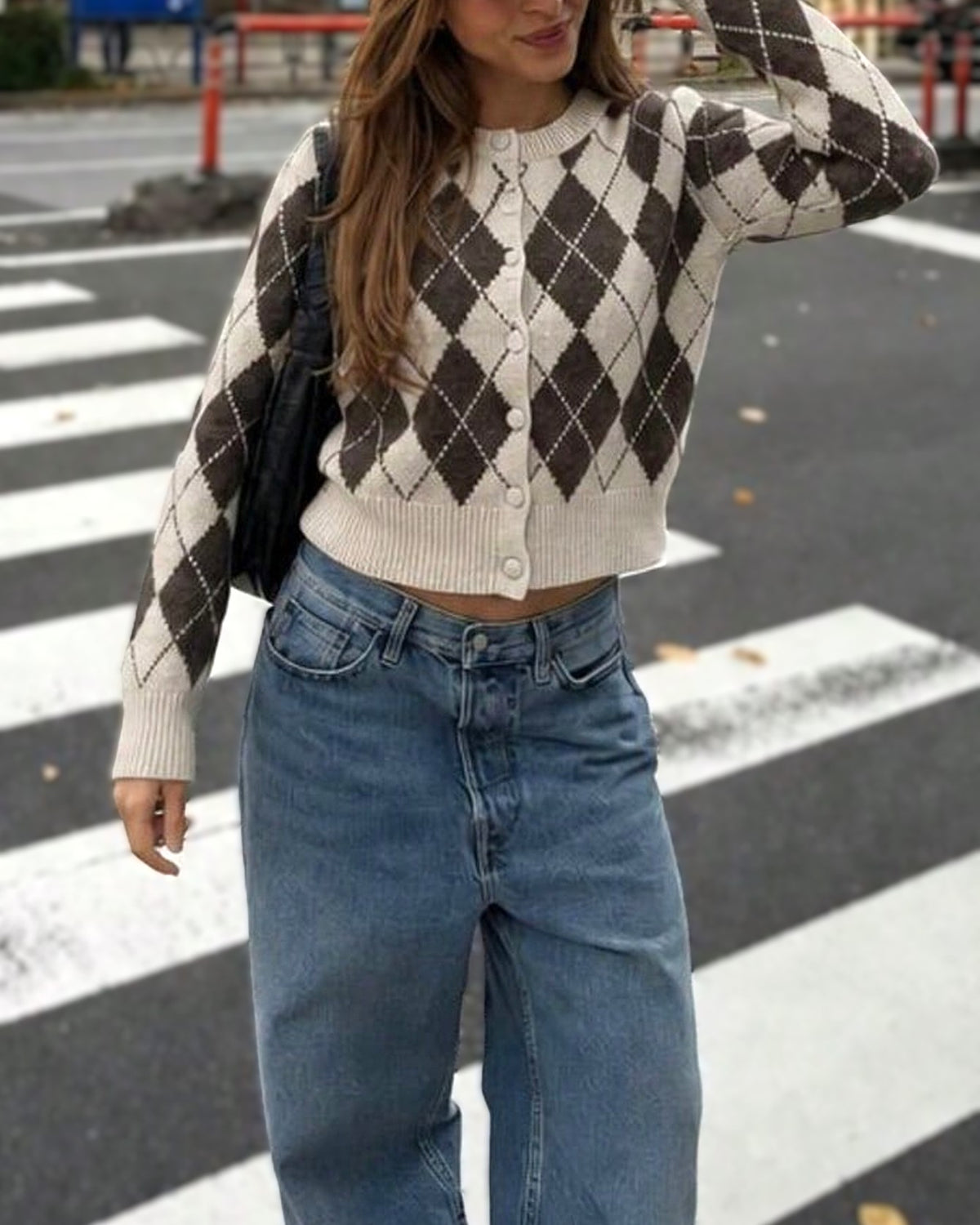 Argyle Knit Crew Neck Cropped Button Cardigan - Diamond - 1